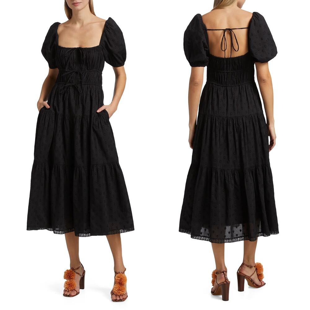 Ulla Johnson Palma Lace Square Neck Puff Sleeve Midi Dress Black Size 4 NWT